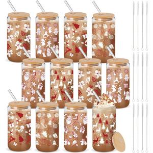 12 Pcs Christmas Glass Cups 16 oz Drinking Glasses with Bamboo Lids and Straws Christmas Iced Coffee Cup Drinkware Santa Snowflake Tumbler Holiday Mugs Xmas Gift for Women Mom (Stylish Style)
