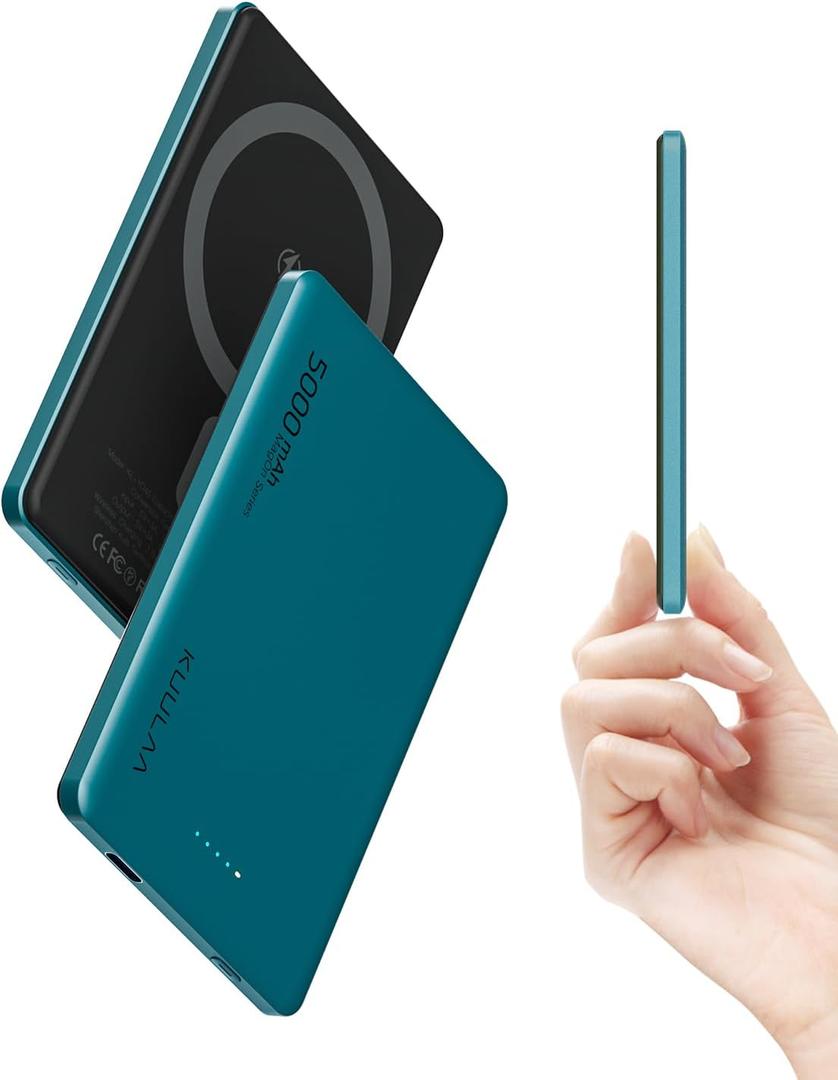 Kuulaa Magsafe Battery Pack 5,000 mAh, 0.3 in Slim Apple Magnetic Portable Charger, Mini Thin Wireless Power Bank with PD 20 W Two Way USB-C Charging Compatible with iPhone 15/14/ 13/12 Serie,Green