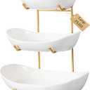 HBlife Fruit Bowl for Kitchen Counter - 3 Tier Fruit Basket with Metal Stand, Ceramic Fruit Holder, Tiered Fruit Platter Serving Trays for Party(Large Size) (White Bowl Gold Rack)