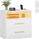 VASAGLE Custos Collection - 23.6 Inch Wide Nightstand with Charging Station, LED Lights, Modern Night Stand, Side End Table with Drawers, Open Shelf, 2 AC Outlets USB Ports, Cloud White, 1 PACK
