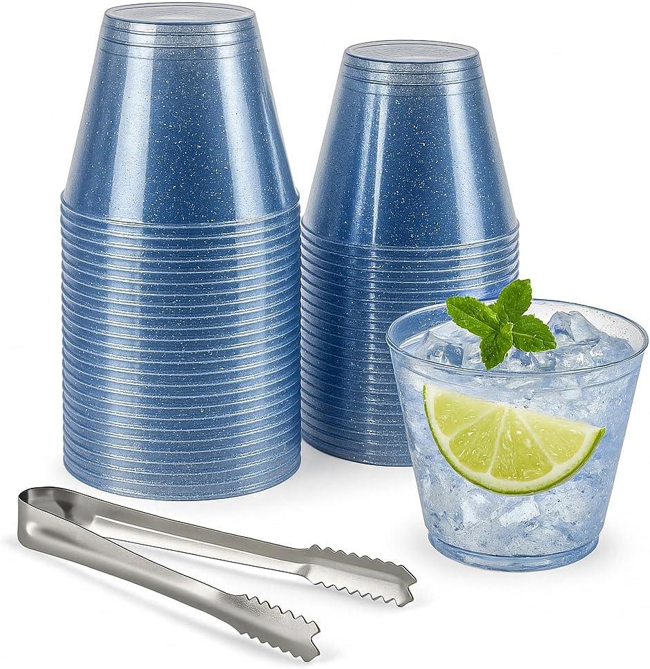 100 Blue Glitter Plastic Cups and 1 Silver Ice Tong Set - 9 Ounce Disposable Cocktail Glasses - Plastic Wine Cups - Blue Party Decorations - Wedding Party Supplies