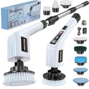 Electric Spin Scrubber, Cleaning Brushes for Household Use with 8 Replaceable Brush Heads, Power Scrubbers for Cleaning Bathroom, Extension Bath Brush Long Handle for Shower, Tub, Kitchen, Tile, Floor (White)