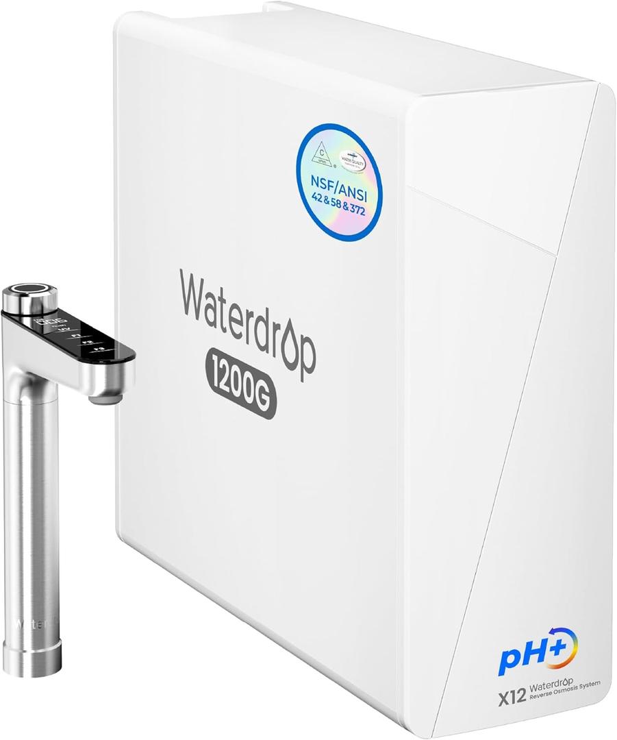 Waterdrop X12-Alkaline Mineral pH+ Reverse Osmosis System, NSF/ANSI 58&372 Certified, 1200 GPD RO Water Filter, 11-Stage Filtration Tankless RO System, 3:1 Pure to Drain, UnderSink, BPA Free