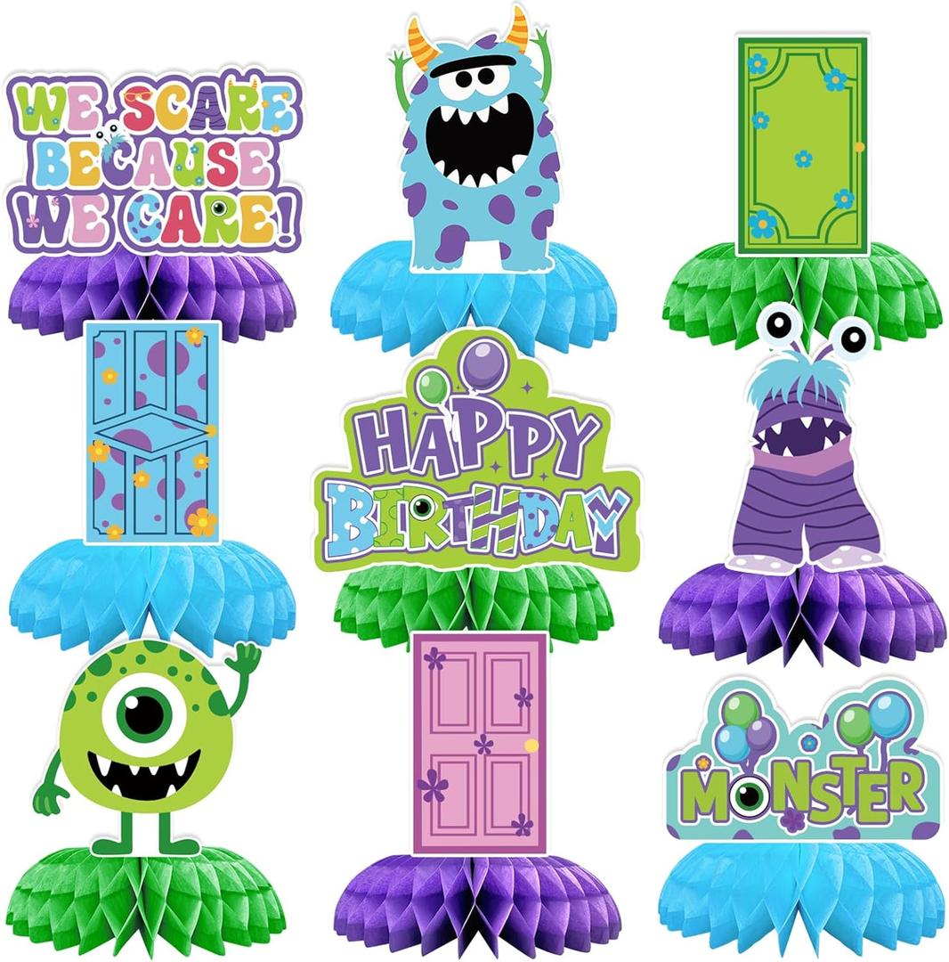 9Pcs Monster Birthday Party Decorations Blue Green Purple Honeycomb Centerpieces Cartoon Monsters Themed Table Toppers for Kids Birthday Baby Shower Party Supplies Table Decoration