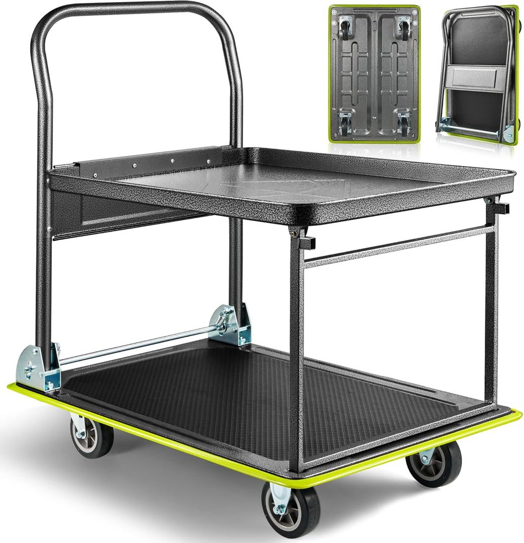 Upgraded Foldable Push Cart Dolly, 700lbs Foldable Platform Truck Dolly with Wheels, Heavy Duty Platform Cart 2 Tier Moving Flatbed Cart for Warehouse, Garage, Workshop, Office 28.75" x 18.5"
