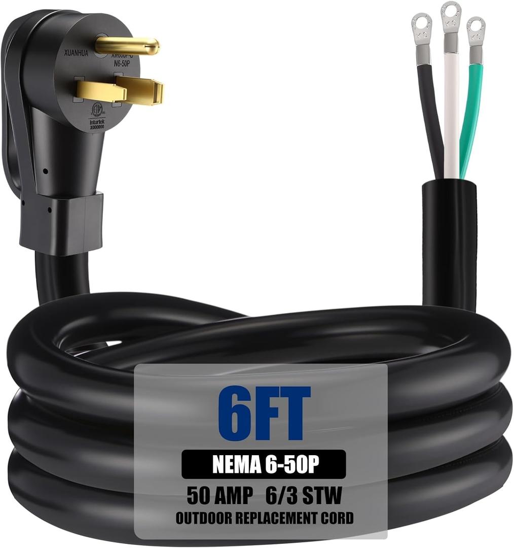 Kanayu 6.6 FT 6 AWG 3 Prong Replacement Power Cord Compatible with NEMA 6-50P 50 Amp 250V Welder Extension Cable with Open End for Welder Dryer Garage Heater Generator, ETL Listed