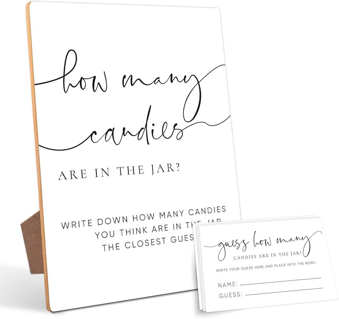 How Many Candies Game, Bridal Shower Games, Bridal Shower Decorations, Baby Shower Games, Birthday Party Decorations,1 Wooden Play Sign with Stand and 50 Guessing Cards Set