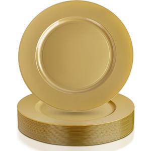 WDF 12Inch Plastic Charger Plates - 25Pack Gold Charge for Dinner - Disposable Gold Charge Plates - Perfect for Dinner/Wedding/Party/Elegant Tabletop Decor
