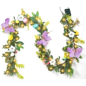 6FT Easter Garland for Mantle, Lighted Egg Garland with Butterfly Flower, Faux Greenery Spring with Timer for Summer Fireplace Outdoor Decorations