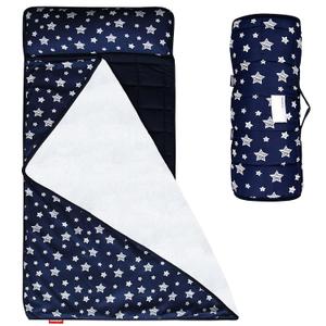 Moonsea Toddler Nap Mat with Pillow and Fleece Minky Blanket Navy, Lightweight and Soft Perfect for Toddlers Preschool, Daycare, Travel Sleeping Bag for Girls, 21" x 50" Fit on a Standard Cot
