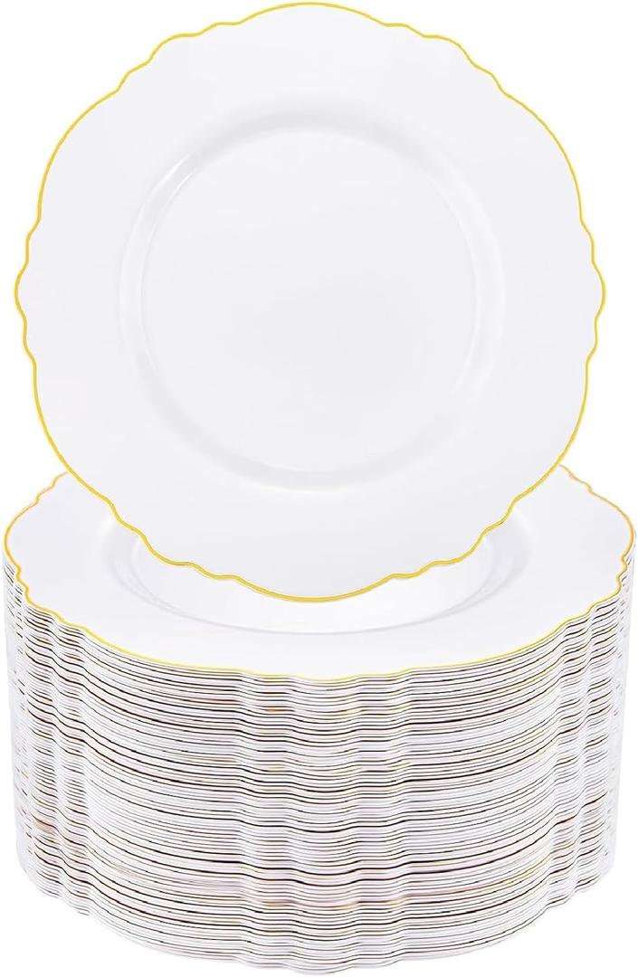 WDF 60pcs Gold Plastic Dinner Plates -10.25inch Baroque White and Gold Plates Fancy Plastic Plates for Upscale Party/Wedding/Birthday/Graduation Party