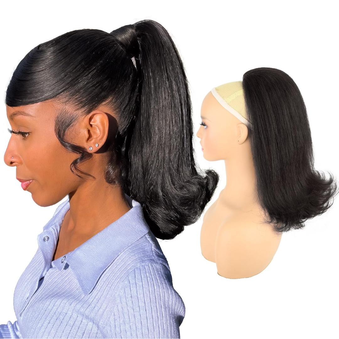 Flick Ponytail for Black Women,Rafabcici 14 Inch Yaki Straight Drawstring Ponytail Extension with Wrap-Around Tail,Shoulder-Length Synthetic Hairpiece(Black Brown)