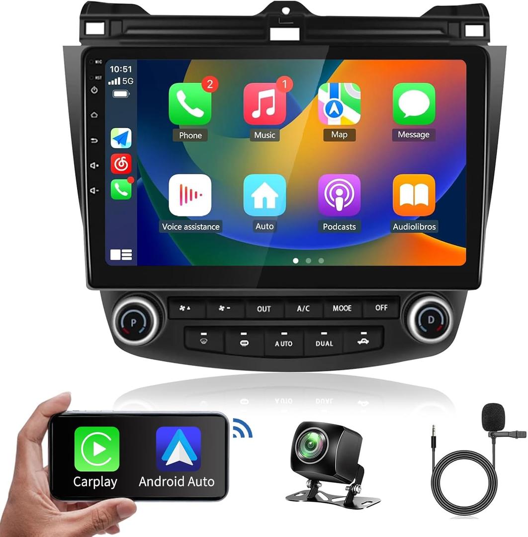 for Honda Accord 2003 2004 2005 2006 2007 Car Radio, 10.1 inch Touch Screen Wireless Carplay & Android Auto Stereo Upgraded with Bluetooth 5.0 GPS Navi WiFi SWC FM/RDS Backup Camera Build in DSP