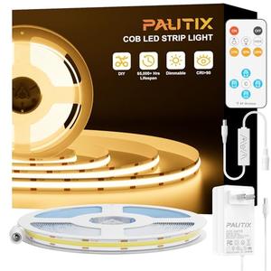 PAUTIX COB LED Strip Light, LED Lights 16.4ft, UL Listed Warm White 2700K Dotless Strip Lights, CRI93+ Super Bright Dimmable 24V Flexible Tape Light with RF Remote, for Cabinets, Kitchen Office Lighting