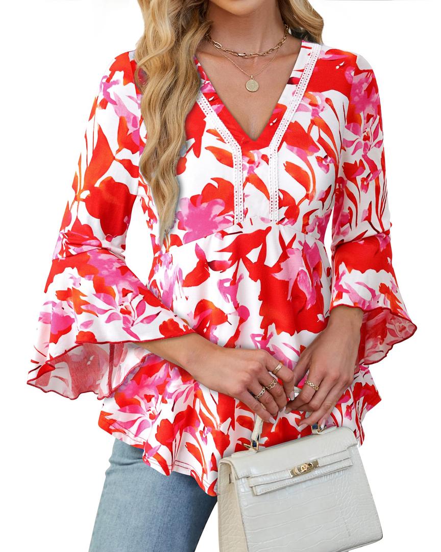 VALOLIA Flowy Blouses for Women 3/4 Long Sleeve Dressy Shirts V Neck Tops Fit Blouses Floral Formal Tops for Women Casual Fall Tunics to Wear with Leggings Pink Floral Large (L)