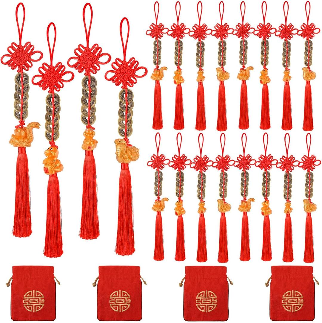 24 Pcs Chinese New Year Snake 2025 Lunar New Year Decorations fengshui Coins Red Tassel Ornaments with Wealth Success Good Luck Hanging Decorations for Gifts Home Car Decor