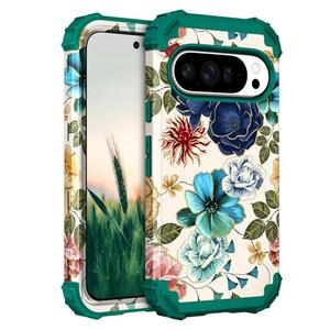 Hocase for Google Pixel 10 Case, Shockproof Heavy Duty Protection Hard Plastic+Silicone Rubber Bumper Hybrid Protective Case for Google Pixel 10/10 Pro 6.3" 2025 - Teal Flowers