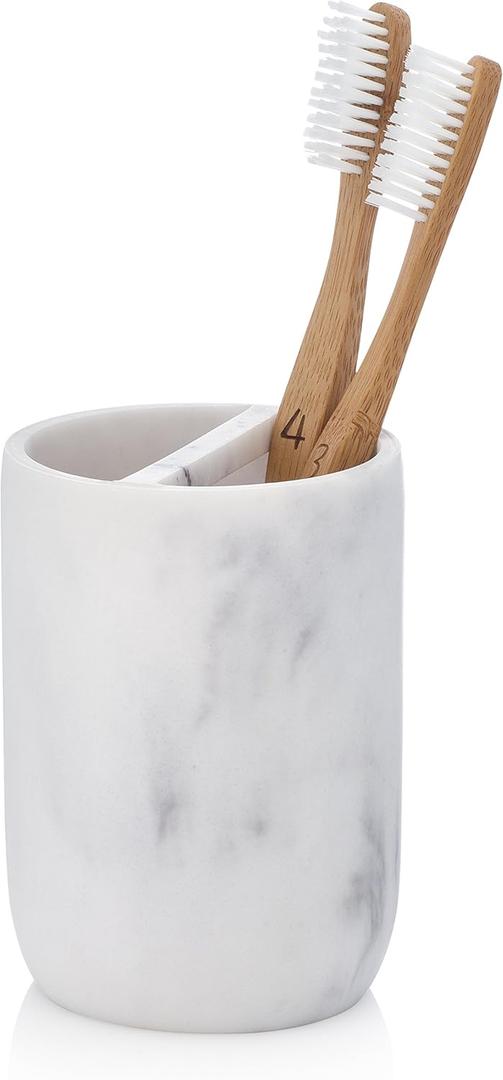 Essentra Home White Marble Toothbrush Holder | Small Toothbrush & Toothpaste Organizer | Blanc Collection