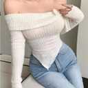 Verdusa Women's Bow Off The Shoulder T Shirt Asymmetrical Fuzzy Going Out Fitted Tops (White, M)