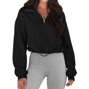 MEROKEETY Women's Quarter Zip Crop Sweatshirt Long Sleeve Stand Collar Drawstring Casual Pullover Top (Large, Black)