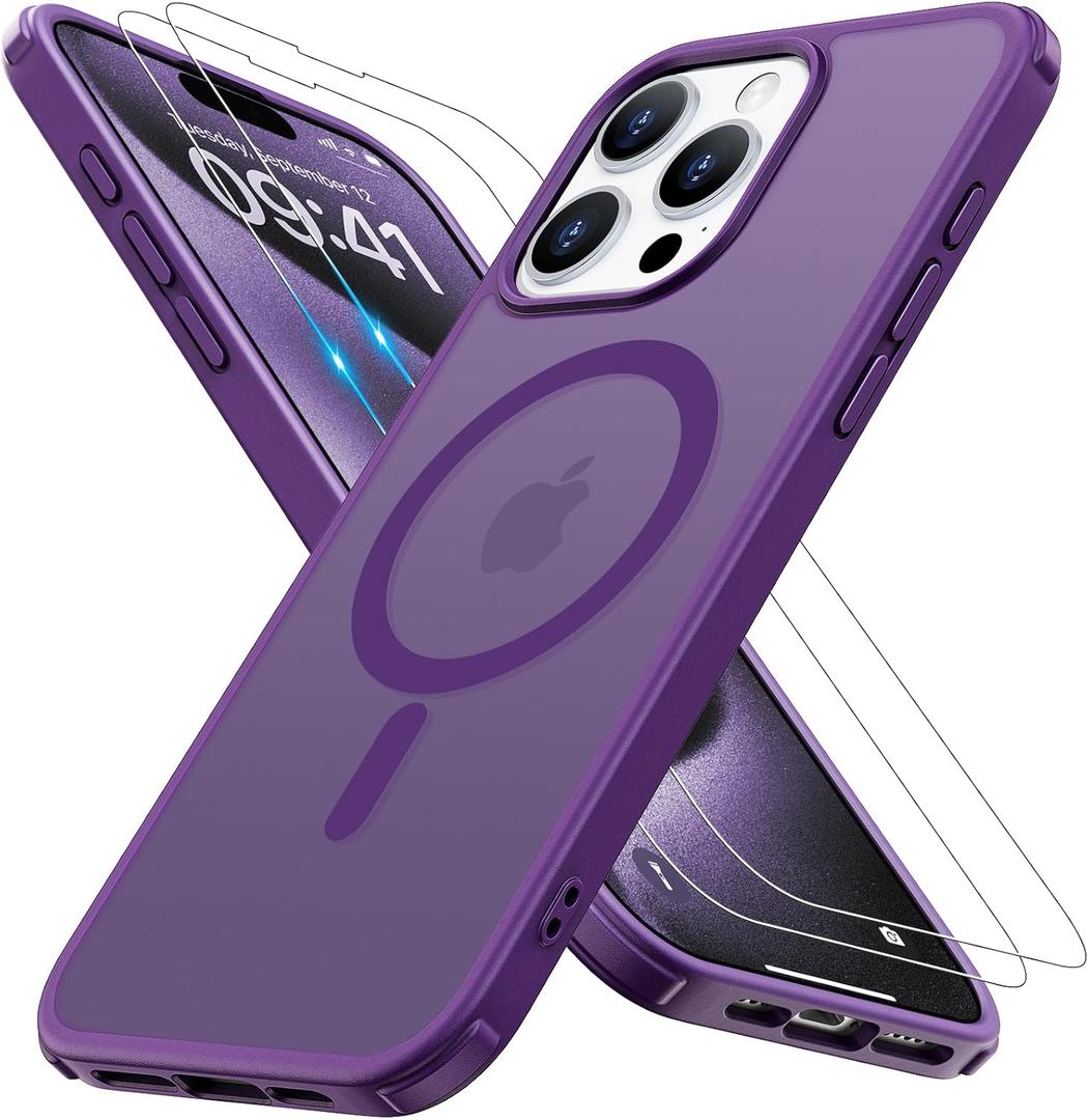 Magnetic for iPhone 15 Pro Max Case [Compatible with MagSafe]with 2X Screen Protector, Military-Grade Slim Shockproof Phone Cover Translucent Matte Anti-Fingerprint Anti-Scratch,6.7 inch,Purple