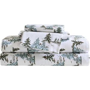 Eddie Bauer - Flannel Sheets Twin Size, Anti-Pilling & Wrinkle Resistant Cotton, Touchably Soft for All-Season Comfort - Bed Sheets with Matching Pillowcase & Fitted Sheet (Snowy Pine Trees Green)