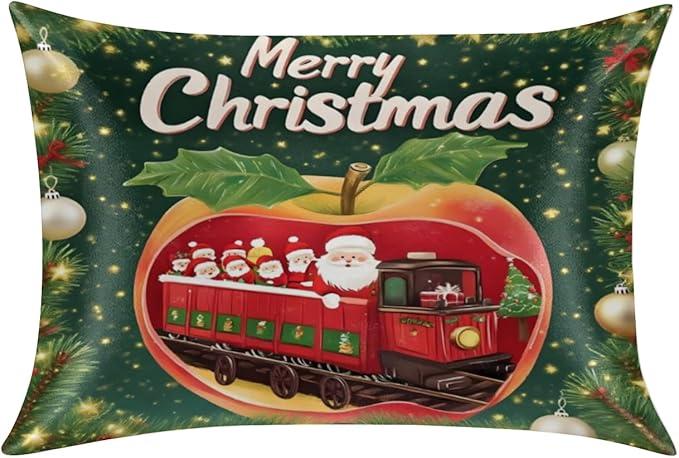 Christmas Apples Santa Satin Pillowcase for Hair and Skin Queen Size Silk Pillowcase Silky Pillowcases with Zipper 20x30 Inches Cooling Pillow Cover