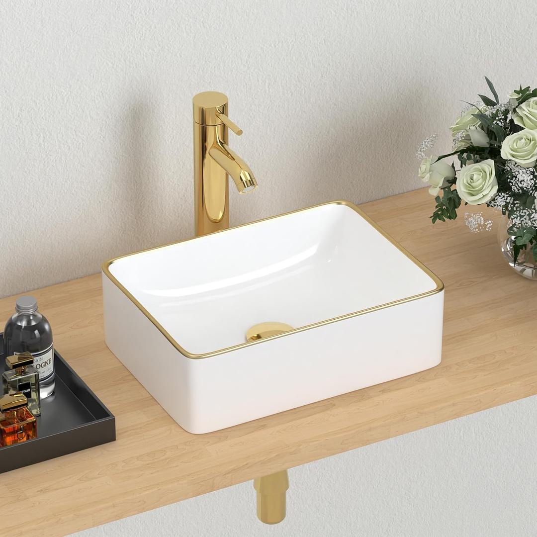 J-FAMILY 14.5'' x 10.6'' Small Vessel Sink Bathroom Above Counter White Porcelain Ceramic Rectangular Sink Bowl Gold Trim Decoration Small Vanity Sink Lavatory Wash Basin
