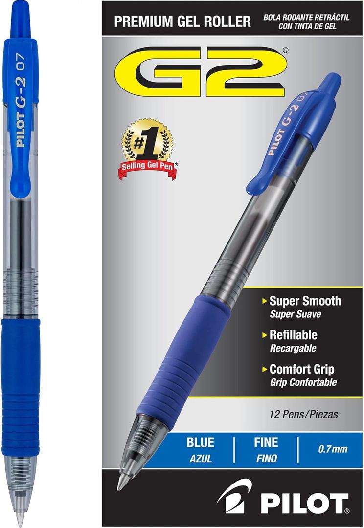 PILOT G2 Premium Refillable & Retractable Rolling Ball Gel Pens, Fine Point, Blue Ink, 12-Pack (31021)