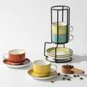 ONEMORE 2.5 Oz Espresso Cups Set of 4, Stackable Porcelain Coffee Cups with Saucers and Metal Stand, Demitasse Mugs for Espresso, Cappuccino, Latte, Microwave & Dishwasher Safe