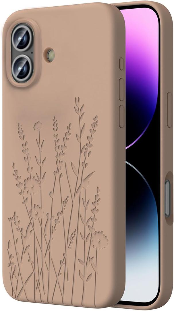 OAOA Magnetic Engraved Case Compatible with iPhone 16 Case, Compatible with Magsafe, Camera All-Round Protection, Slim Liquid Silicone Phone Case for Women Girls, Light Brown Flower