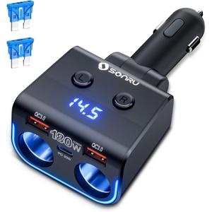 SONRU 180W Cigarette Lighter Splitter, 30W PD & Dual QC3.0 Car Charger Adapter,24V/12V Car USB Adapter 2-Socket with Voltmeter Fast Charging for iPhone 17/16/15 Car Devices