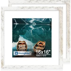 Hongkee 16x16 Frame Set of 2, Distressed White Wood Style - Display Square 12 x 2 with Mat or 16x16 without Mat, Wall Mounting Horizontal and Vertical