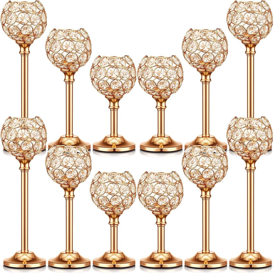 12 Pack Crystal Candle Holders Gold or Silver Candle Holders Bulk Decorative Tealight Candle Holder for Wedding, Party, Christmas Table Centerpieces Decoration (Gold)
