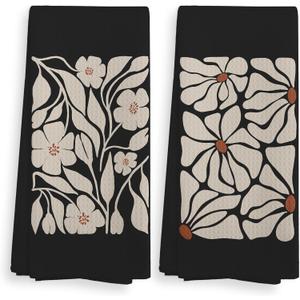 Black Floral Kitchen Towels and Dishcloths Set of 2, Floral Hand Towels, Boho Dish Towels, 1624 Inches