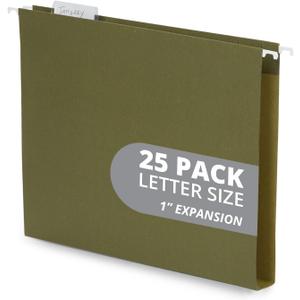 Blue Summit Supplies Hanging File Folders Extra Capacity 1 inch, Hanging File Folders 1 inch Expansion, Designed for Bulky Files and Charts, Letter Size, Standard Green, 25 Pack