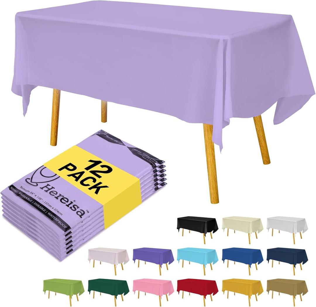 Premium Disposable Table Cloth - 12 Pack, 54 x 108 Inch Table Cloths for Parties, Decorative Tablecloths for Rectangle Tables, Lavender Plastic Table Cover, Leakproof & Sturdy, Lavender