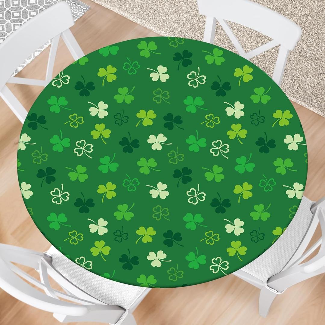 St Patrick's Day Round Fitted Tablecloth with Elastic Green Shamrock Outdoor Tablecloth Waterproof Table Cover for Picnic Dinner Party Decor Fits 48"-52" Diameter Round Tables