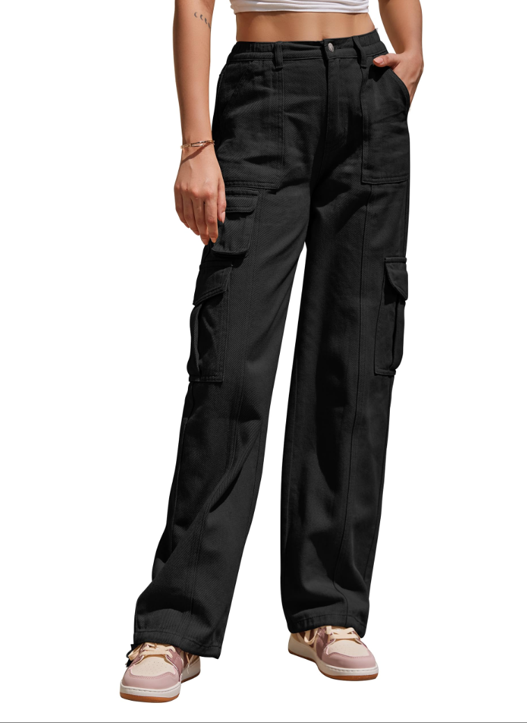 Hiistandd Women's High Waisted Cargo Pants Cotton Wide Leg Casual Pants Combat Military Work Trouser (Black, Medium)