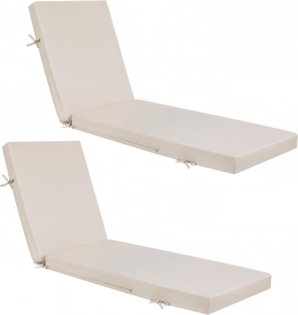 Fabuday Chaise Lounge Chair Cushions for Outdoor Furniture - 72 x 21 x 3 Inch Waterproof Patio Pool Sunbrella Lounger Pads Replacement with Removable Cover, Beige, Set of 2