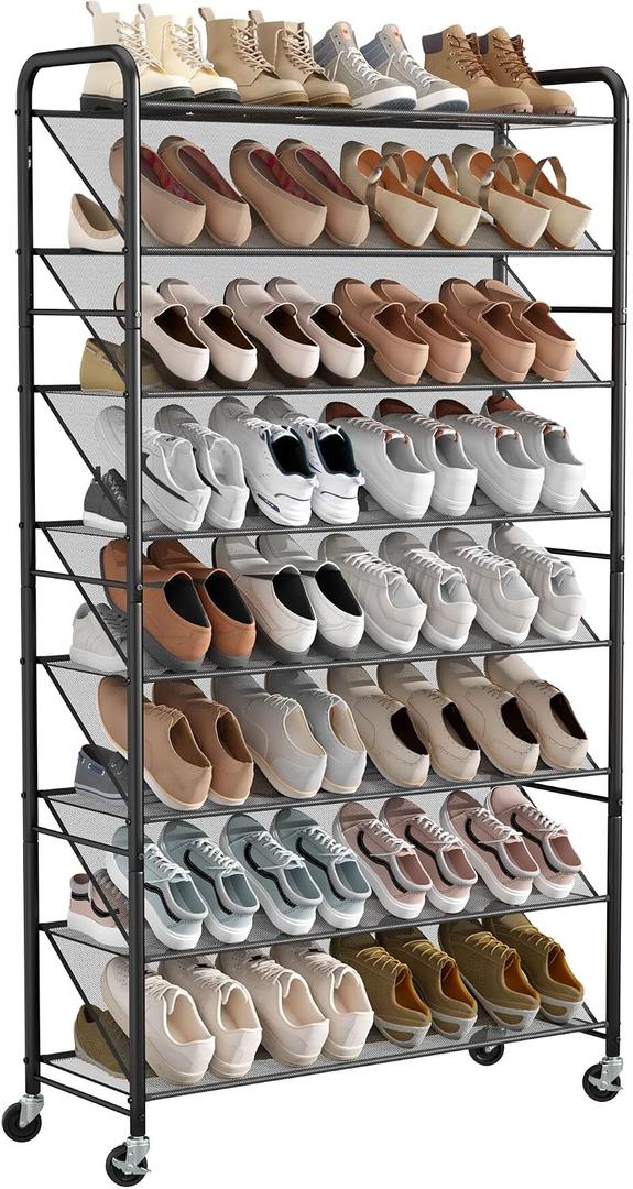 STORAGE MANIAC Tall Shoe Rack, 8 Tiers Shoe Organizer with Lockable Wheels for Entryway, Closet, Hallway, Double-Sided Vinyl Mesh Shelf Shoe Storage, Holds 60 Paris, Black