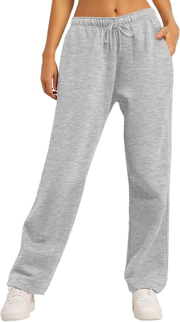AUTOMET Women's Wide Leg Sweatpants Fleece Lined Baggy Straight Leg Lounge Pants Fall Outfits Athletic Joggers with Pockets (XX-Large, Grey)