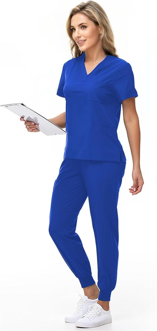 Scrubs for Women Set Stretch V-Neck Scrub Top & Jogger Pant with 8 Pockets for Nursing Doctor (Medium, Royal Blue)
