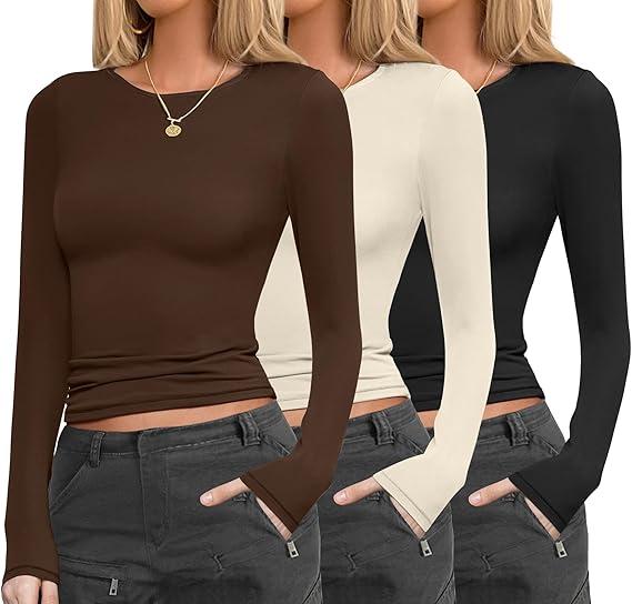 Ekouaer Womens 3 Pack Long Sleeve Shirts Fitted Tops Base Layering Tight Thermal Undershirts, XL
