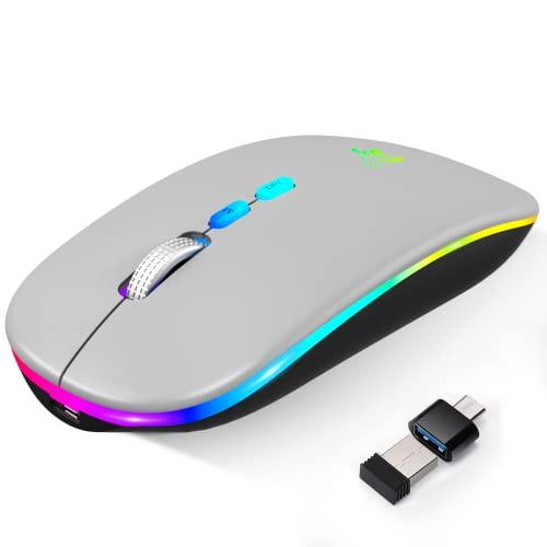 HOTLIFE LED Wireless Mouse, Slim Rechargeable Bluetooth Mouse, 2.4G Portable USB Optical Wireless Computer Mice with USB Receiver and Type C Adapter (Grey)