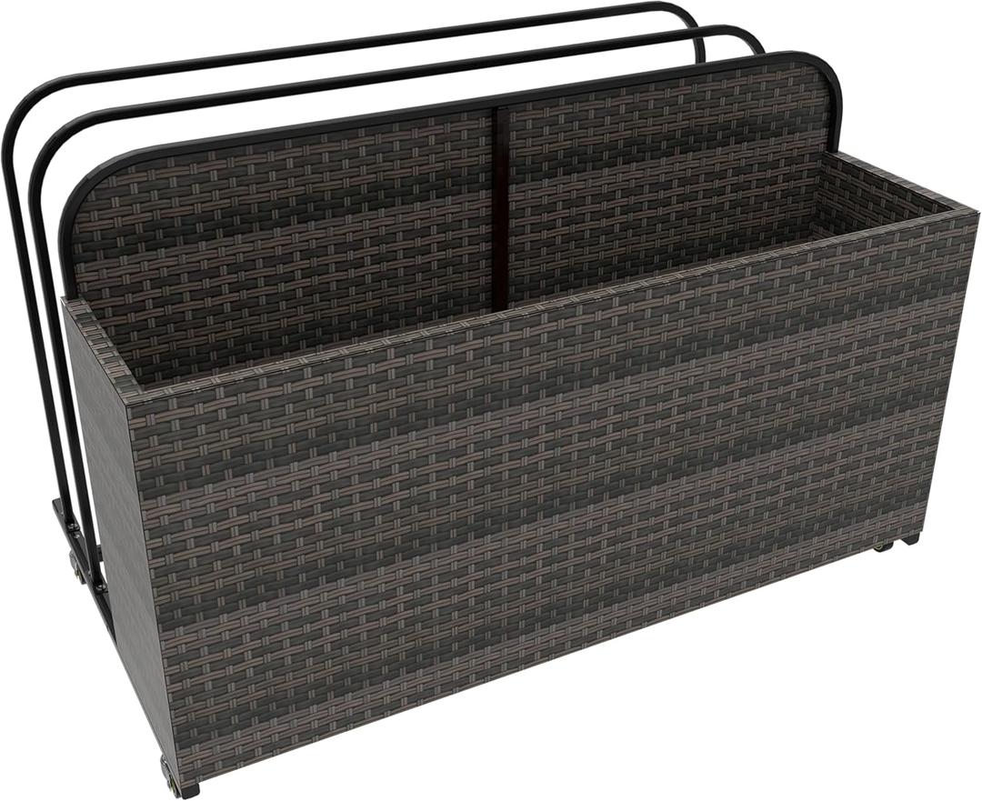 Rolling Poolside Float Storage, Pool Storage Bin, Outdoor Storage Organizer PE Rattan Pool Towel Rack for Floaties, Pool Accessories and Patio furniture Brown (Brown)