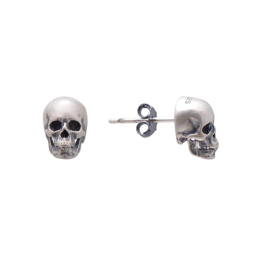 925 Sterling Silver Human Skull Earrings Studs for Men Women Halloween Costume, Oxidized (Oxidized Silver)