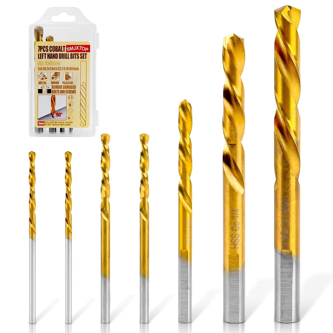 7PCS M35 Cobalt Left Hand Drill Bits Set for Removing Broken Stubs, Bolts and Screws, Reverse Twist Drill Bits, 5/64",7/64",5/32",1/4",19/64"