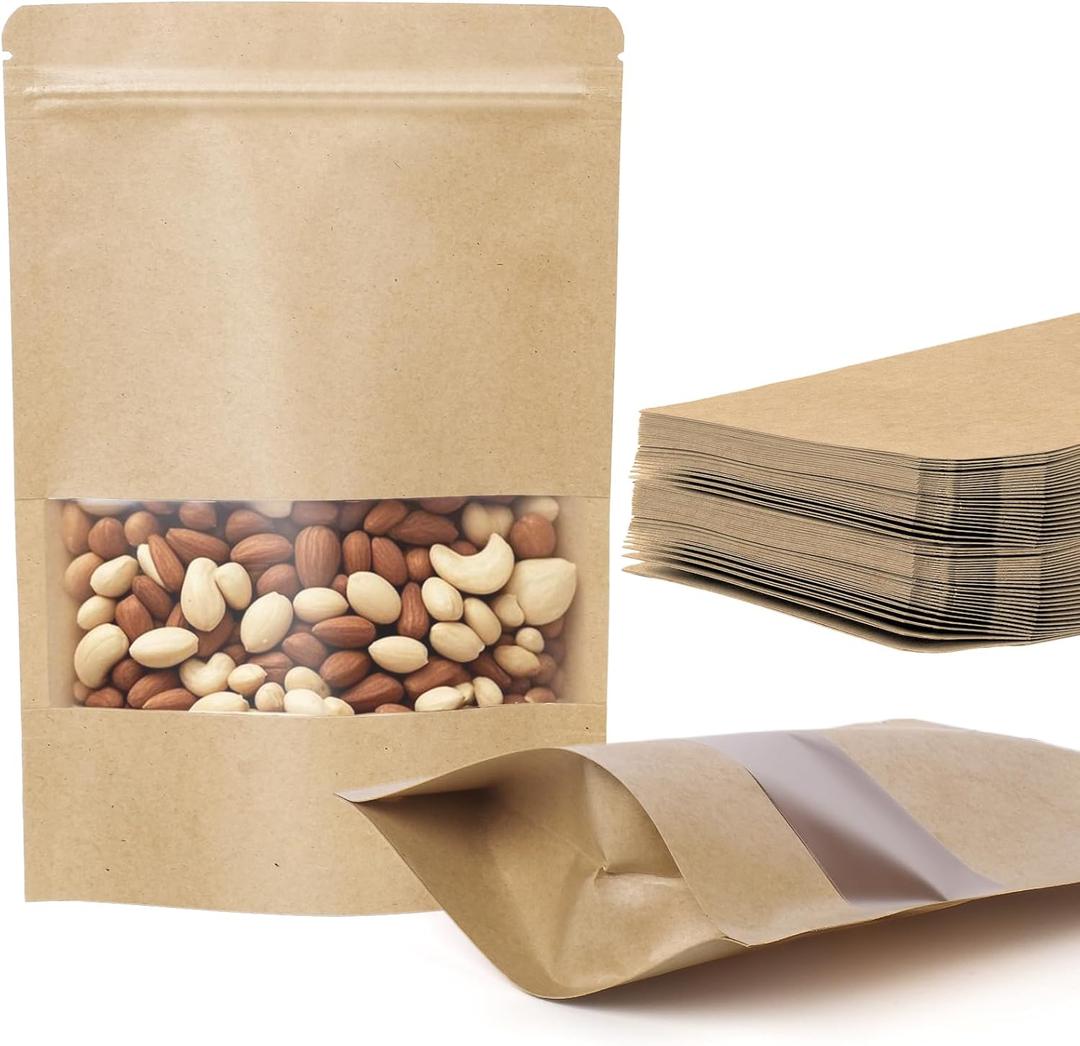 100 Pcs Kraft Paper Bags with Window, 3.5" x 5.5" Stand Up Pouches Bags, Food Storage Bags for Packaging Products, Reusable, Sealable