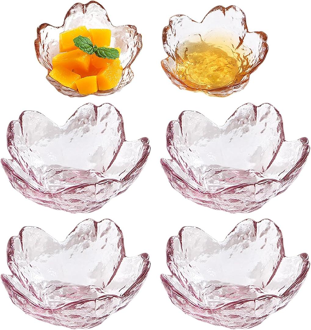 6 PCS Pink Sakura Dip Bowls Set, Crystal Glass Dessert Bowls, Dipping Bowls Appetiser Plates Salad Bowl